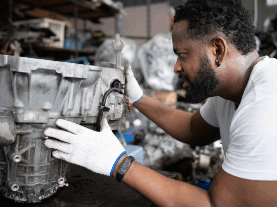 A man is looking at a transmission.
