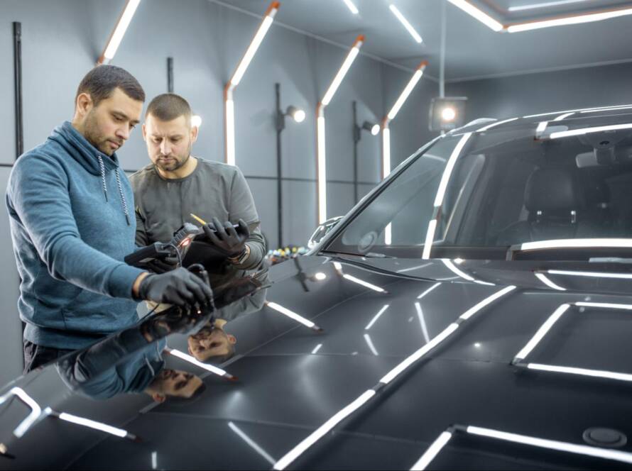 An engineer building a car measures the car’s paint cover thickness in a modern automotive workshop.