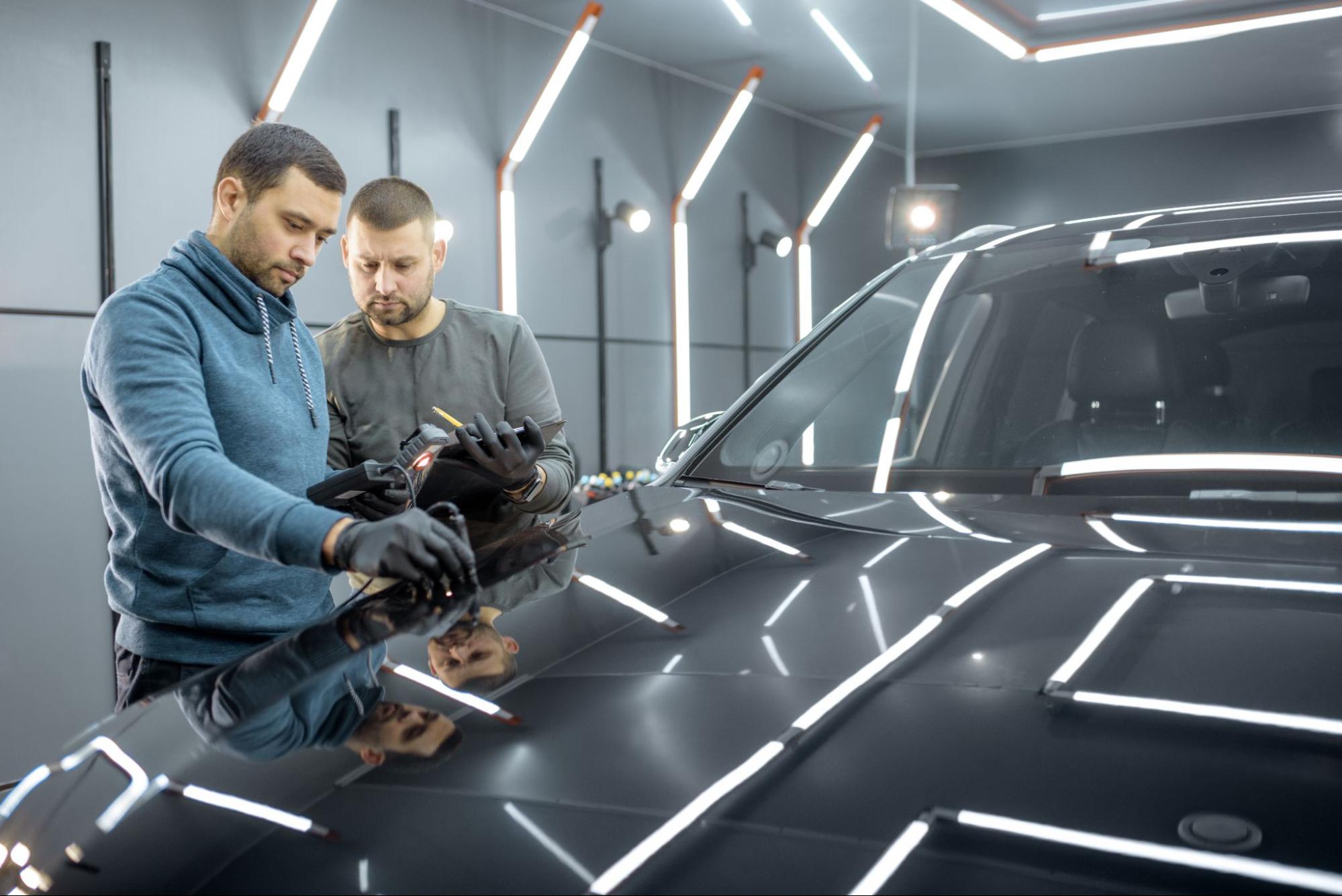 An engineer building a car measures the car’s paint cover thickness in a modern automotive workshop.