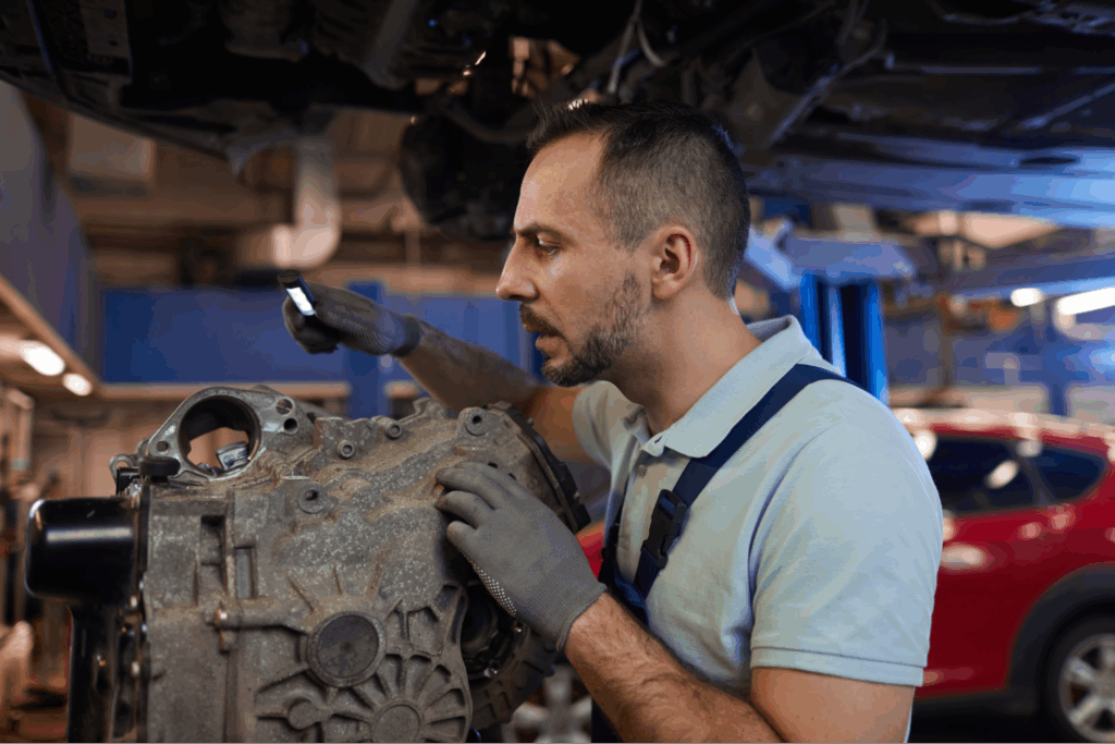 A mechanic working on a car part