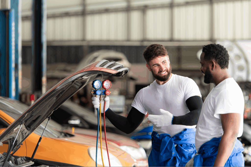Mechanics working on a car together