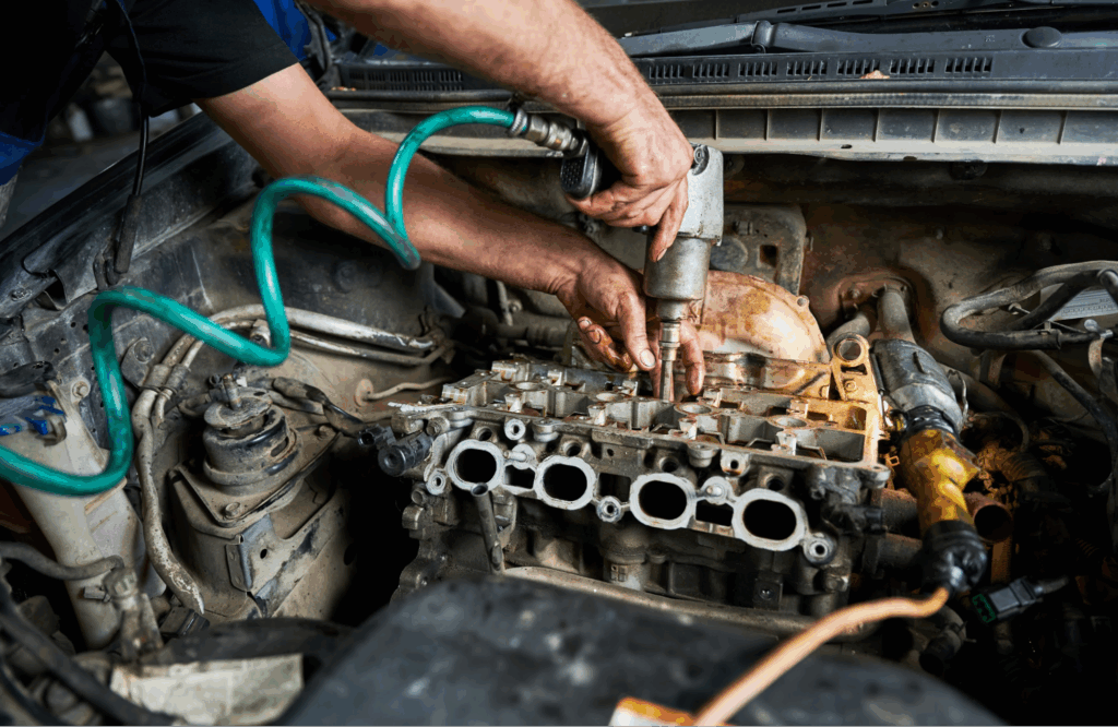 A mechanic drilling in an engine